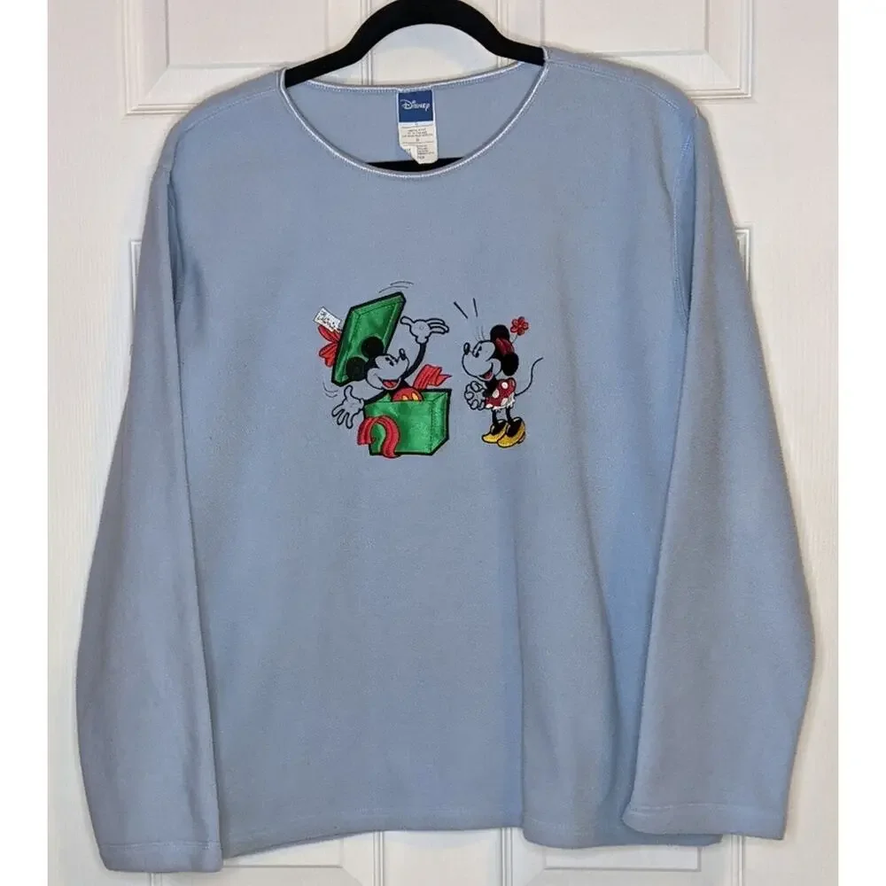 Disney Blue Mickey & Minnie Christmas Gift Long Sleeve Fleece Pullover Top L - Picture 2 of 10
